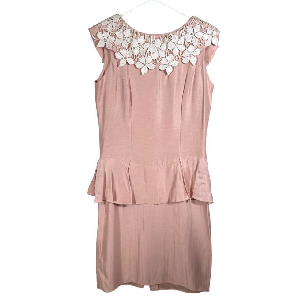 Vtg 80s Dance Allure Pink/Peach Peplum Dress with Lace Collar